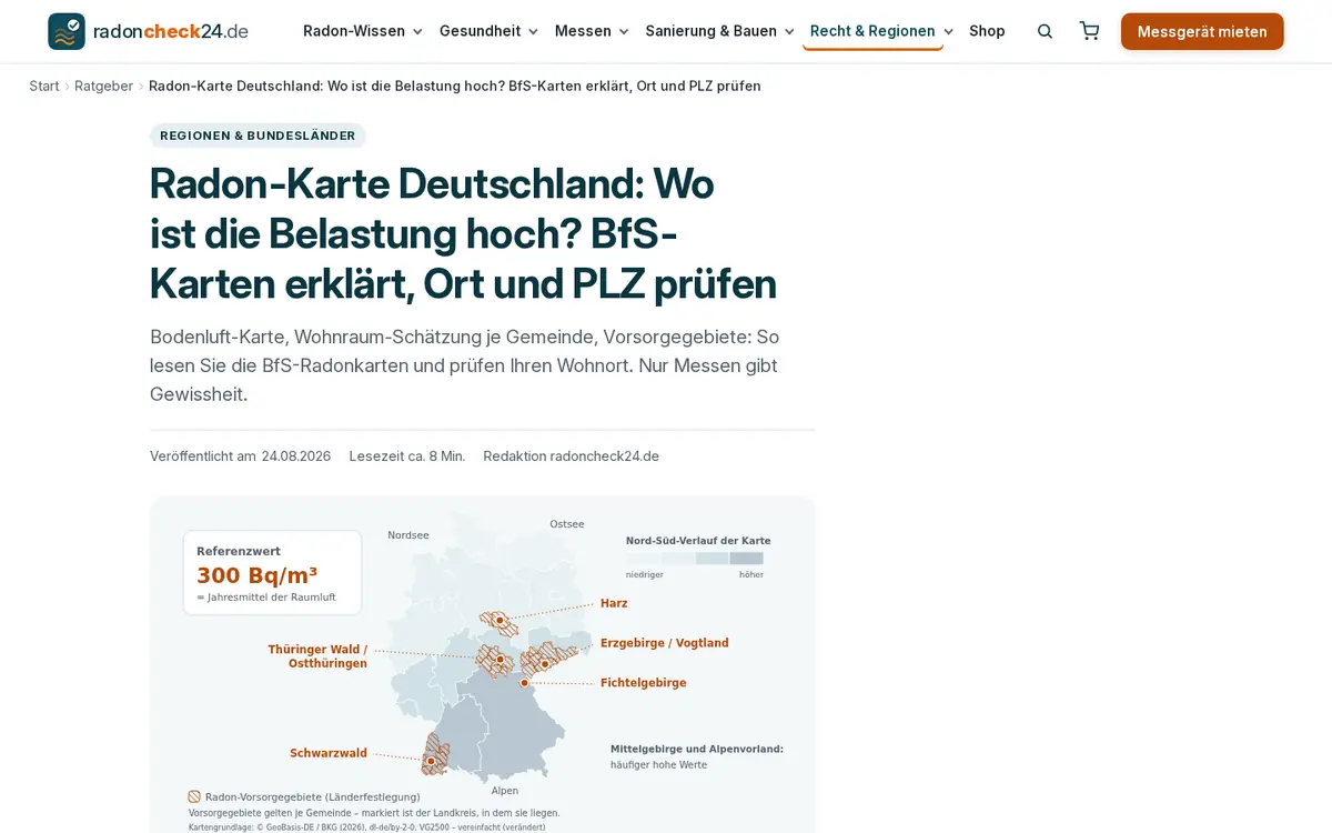 Ratgeberseite Radon-Karte Deutschland auf radoncheck24.de