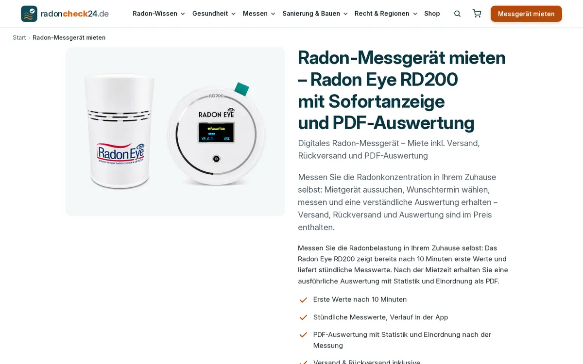 Mietseite für das Radon Eye RD200 auf radoncheck24.de