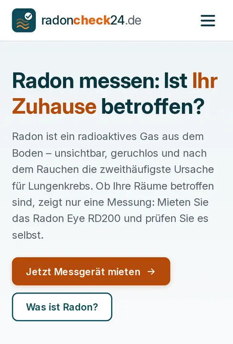 Startseite von radoncheck24.de auf dem Smartphone