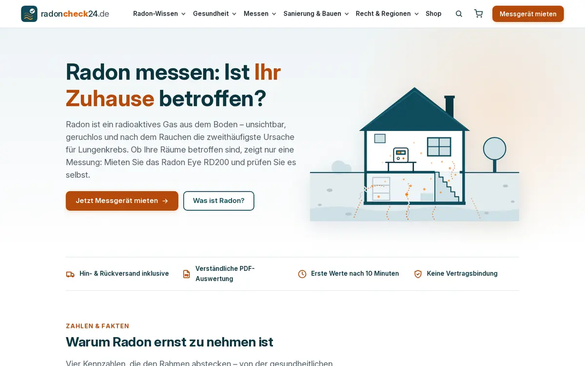 Startseite von radoncheck24.de: Radon messen – ist Ihr Zuhause betroffen?