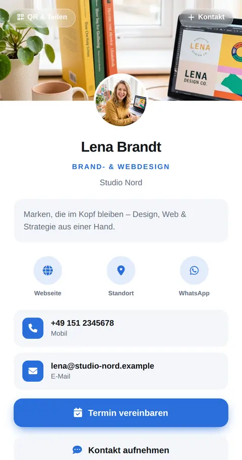Demo-Karte von vizitcard. auf dem Smartphone mit Kontaktdaten und Terminbuchung