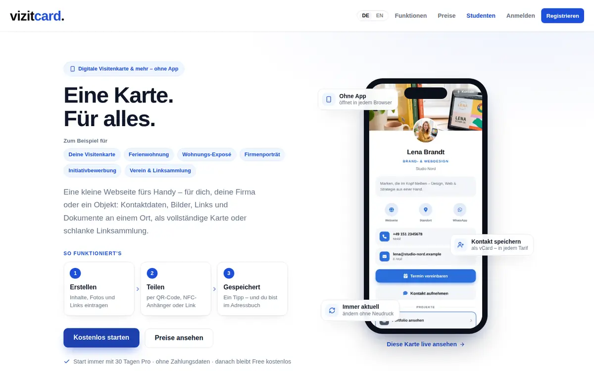 Startseite von vizitcard.de mit einer Beispielkarte auf dem Smartphone